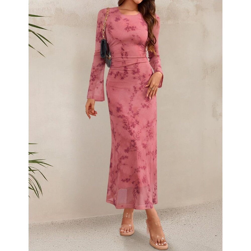 Zesica Women's Tie Dye Pink Ruched Mesh Long Sleeve Floral Bodycon Dress - Picture 3 of 6